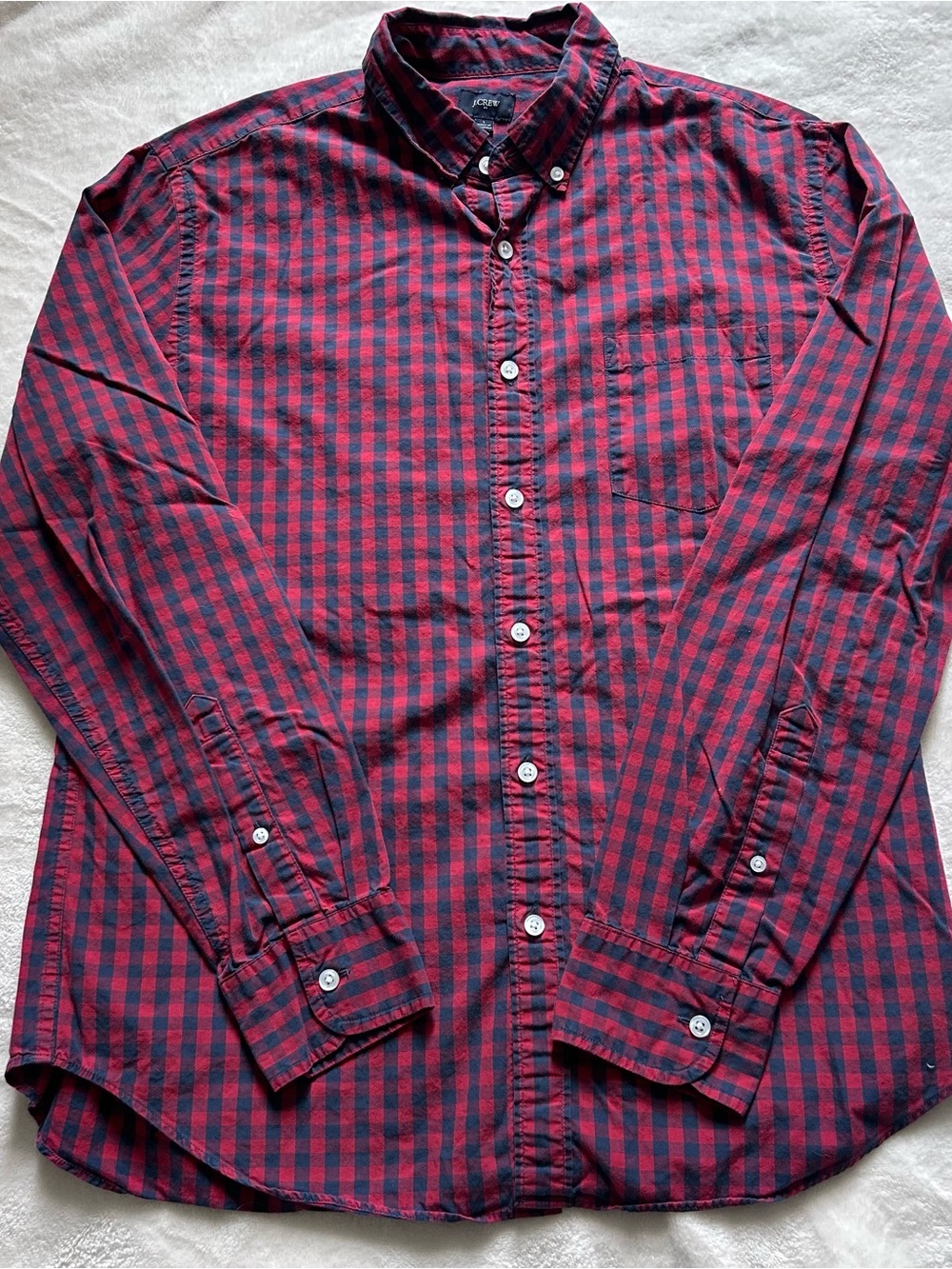 J. Crew Mens Classic Red and Navy Gingham Button-Down Shirt Long Sleeve Cotton L